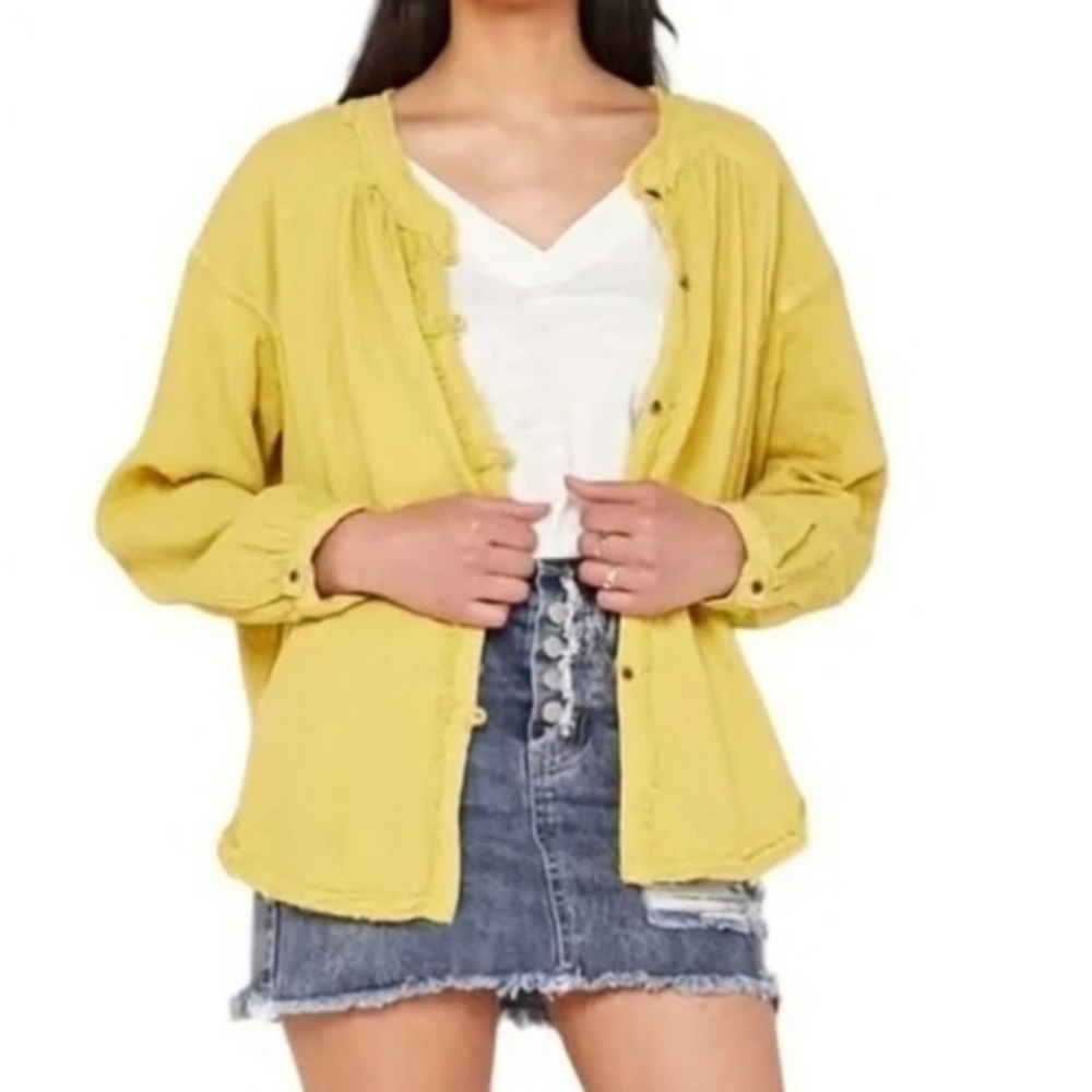 Free People We The Free Yellow Cotton Gauze Button Down Shirt Women Medium Boho